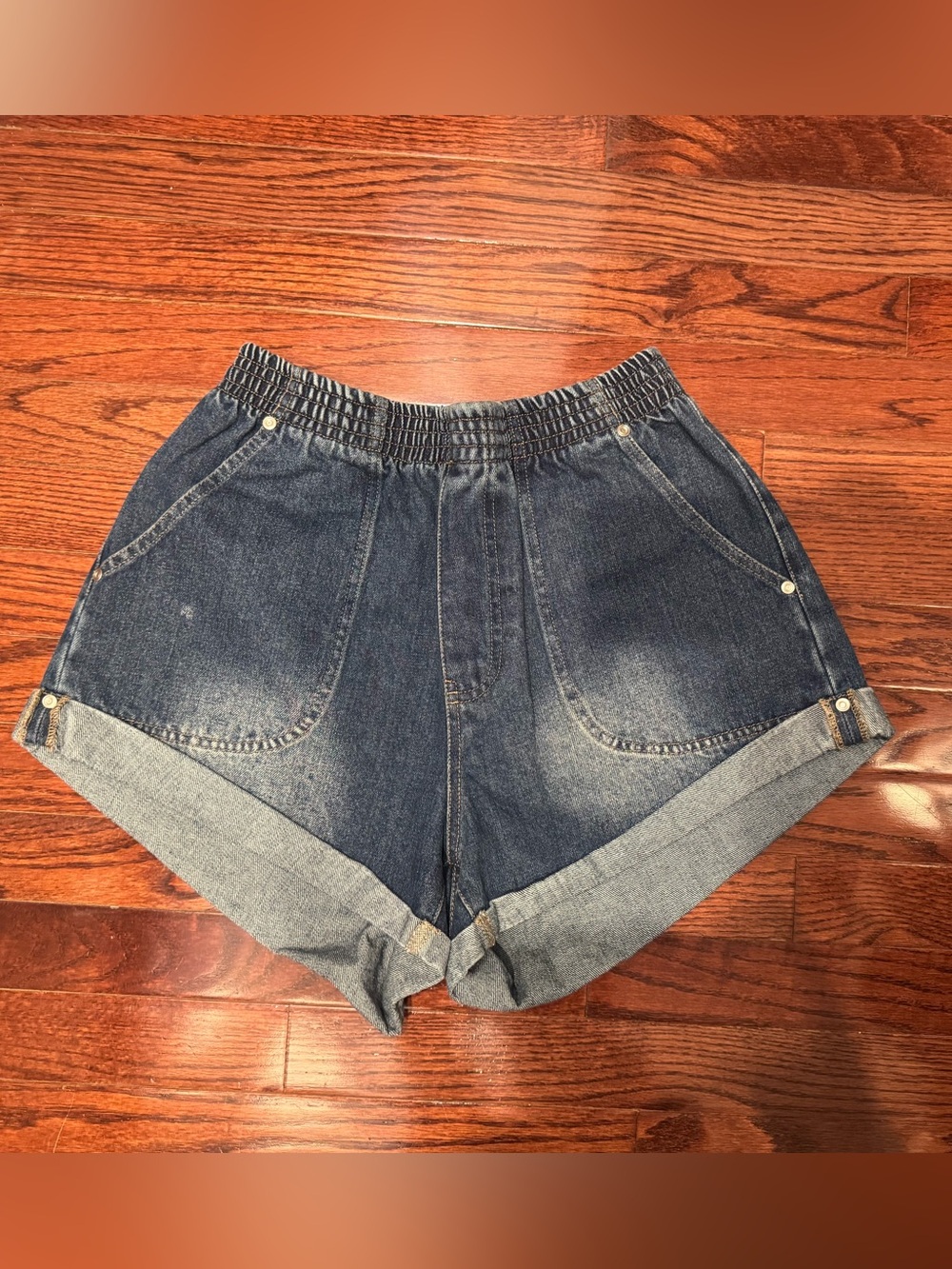 High-Rise Elastic Waist Denim Roll-Cuff Shorts - Dark Blue